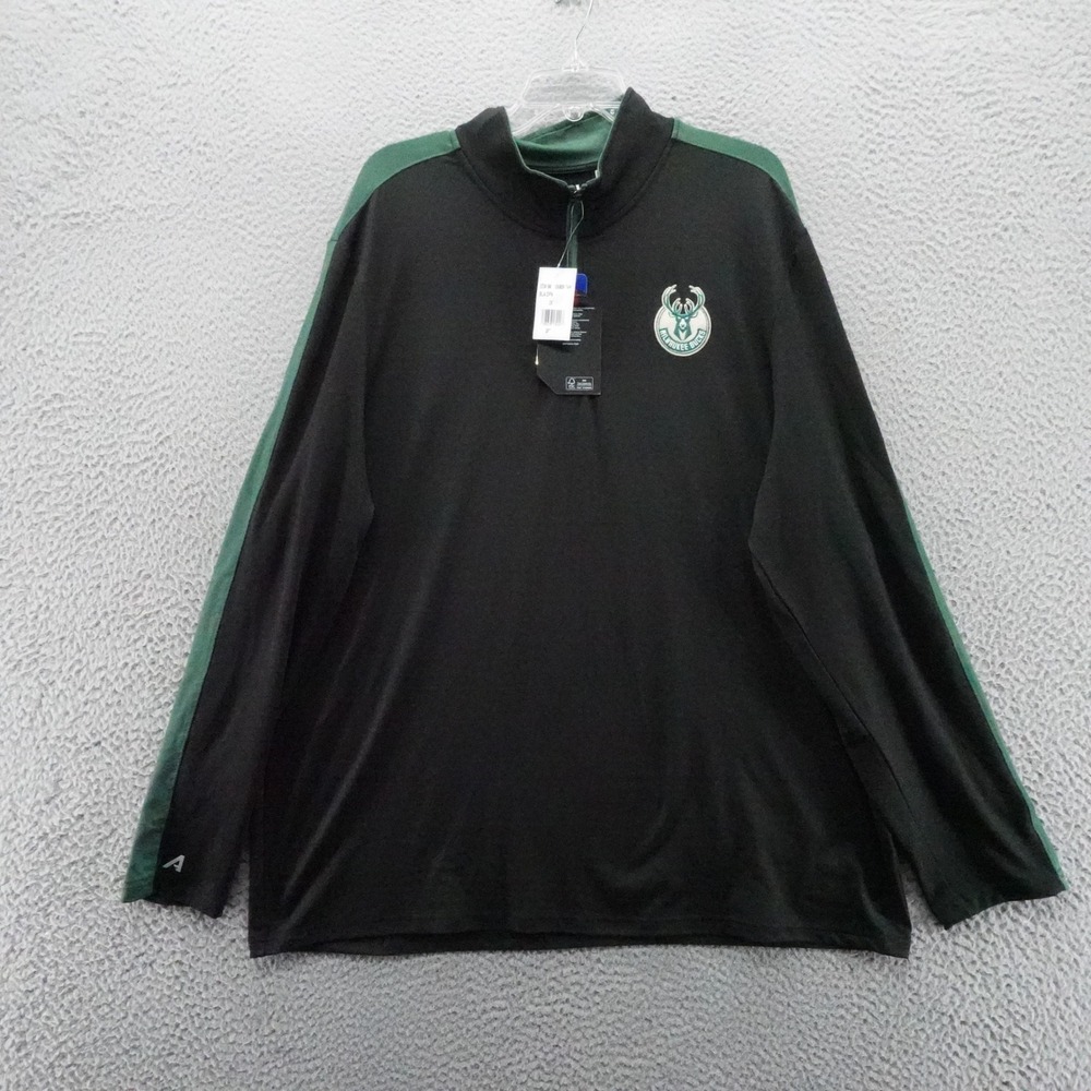 Antigua Mens Milwaukee Bucks NBA Quarter Zip Pullover Black Green 2XL NEW